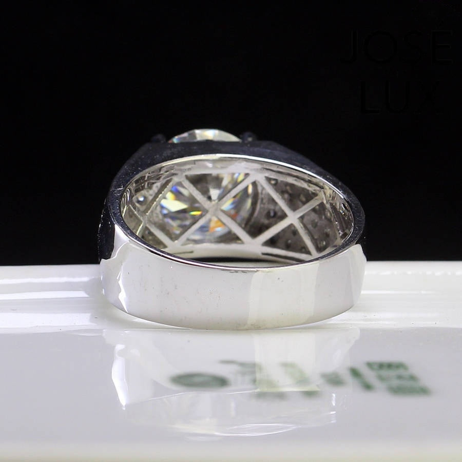 Underside of Men's Sterling Silver Moissanite Ring 4CT with Ribbed Pavé Band showing the open lattice structure beneath the moissanite stone.