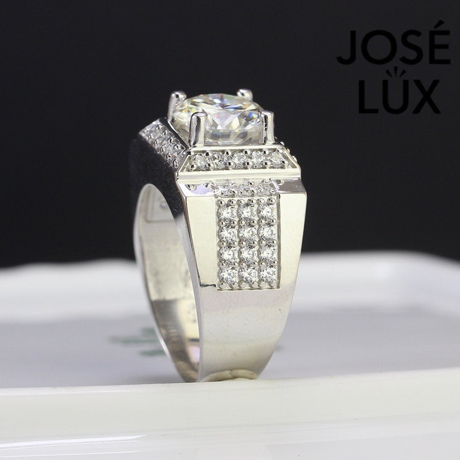 Side angle of Men's Sterling Silver Moissanite Ring 4CT with Square Halo Platform highlighting pavé detailing and polished silver finish.