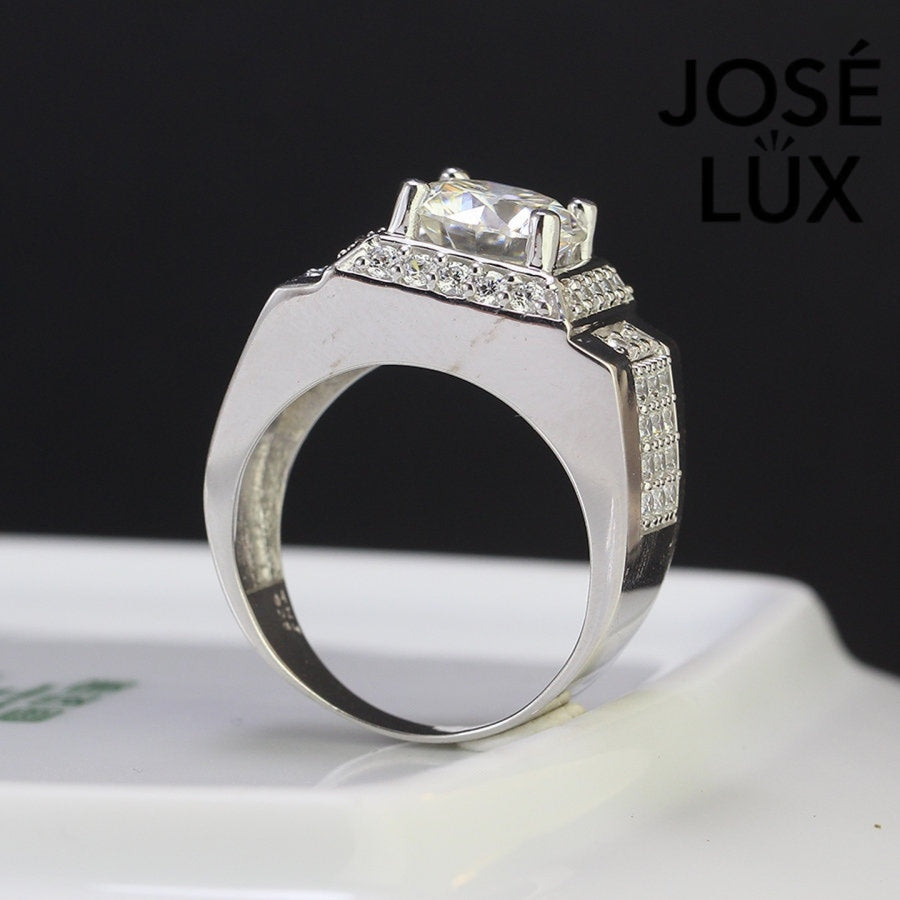 Profile view of Men's Sterling Silver Moissanite Ring 4CT with Square Halo Platform showing raised setting and sleek band design.
