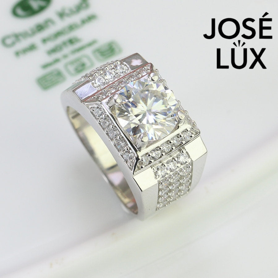 Top-down view of Men's Sterling Silver Moissanite Ring 4CT with Square Halo Platform emphasizing the symmetrical halo and side stone arrangement.