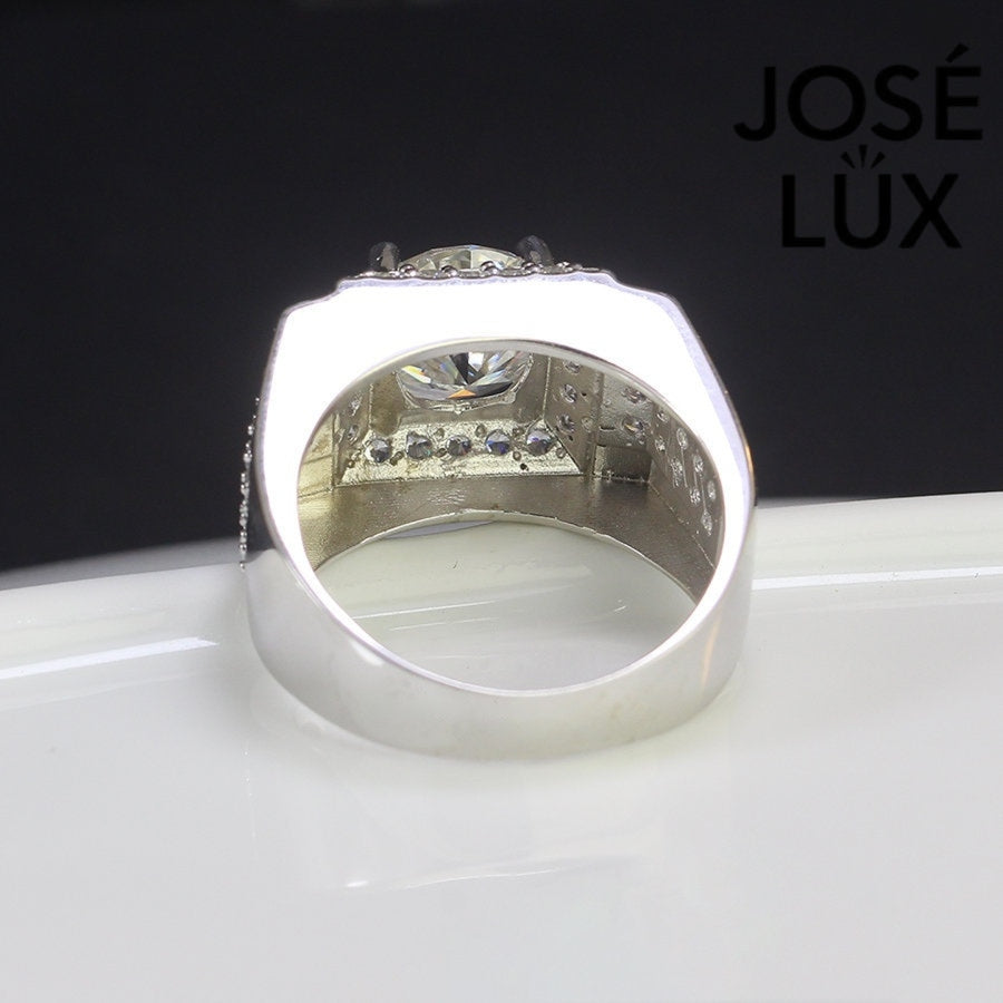 Rear view of Men's Sterling Silver Moissanite Ring 4CT with Square Halo Platform displaying the inner band and structural design.