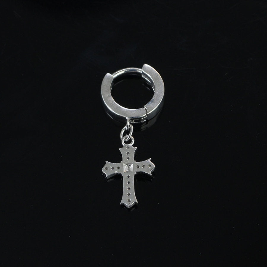 Back view of Men's Sterling Silver Moissanite Cross Charm Huggie Hoop showing polished finish and secure clasp design.
