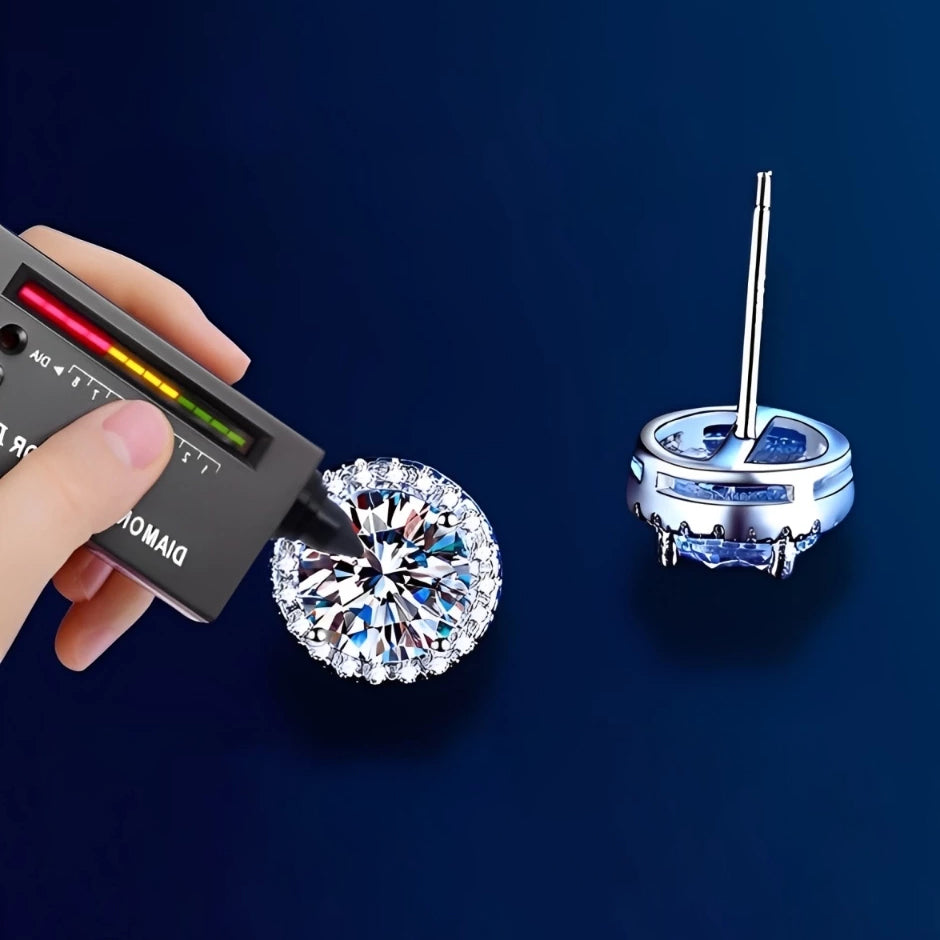 Classic round moissanite with sparkling halo setting in sterling silver. Timeless design offers brilliant fire and exceptional clarity for effortless everyday elegance.