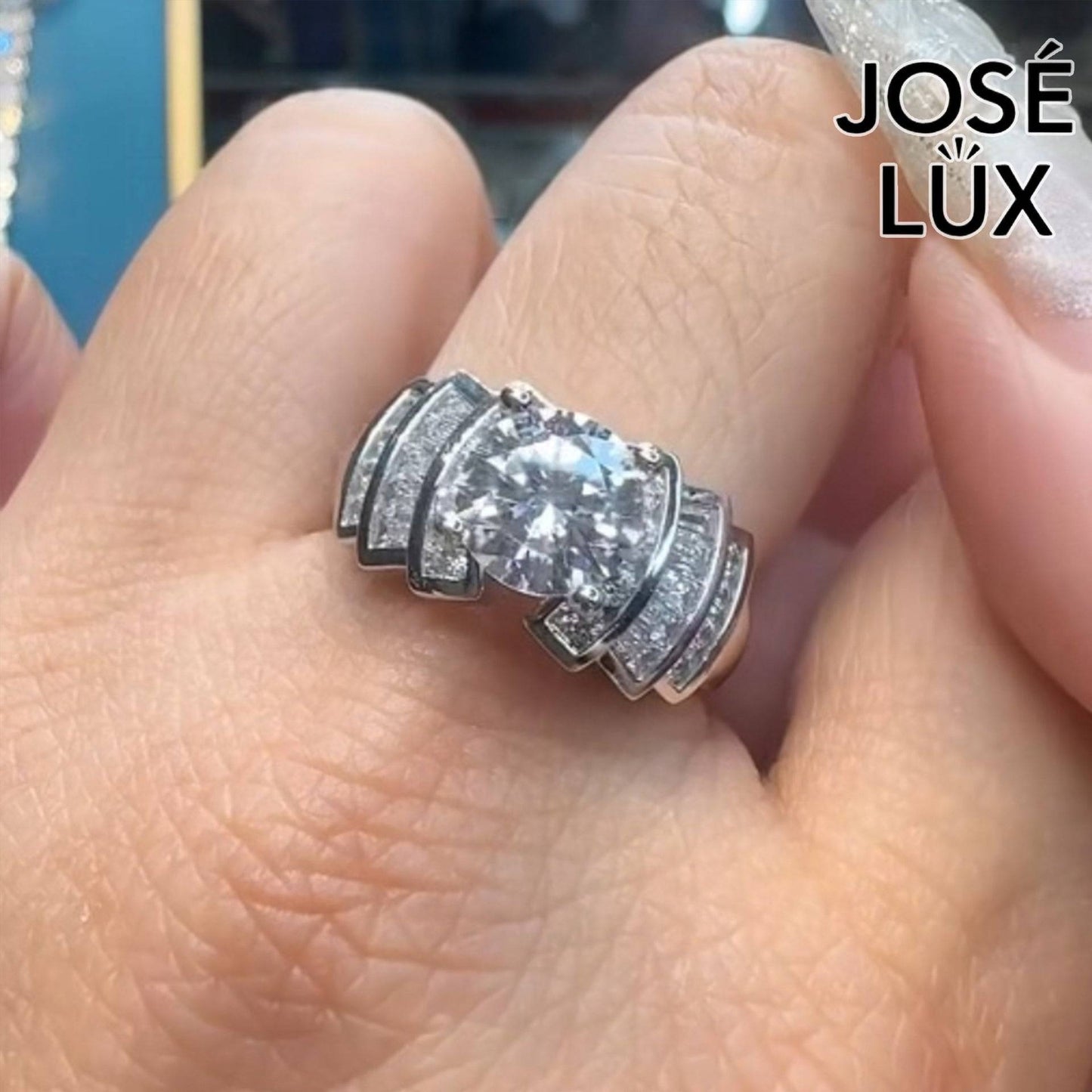 Handmade Art Deco Stepped Shoulder Moissanite Ring — 925 Sterling Silver, Rhodium Plated White Gold Finish, GRA Moissanite