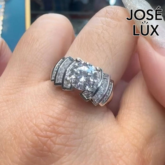 Handmade Art Deco Stepped Shoulder Moissanite Ring — 925 Sterling Silver, Rhodium Plated White Gold Finish, GRA Moissanite
