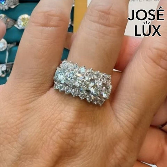 Handmade Scalloped Cluster Band Ring — 925 Sterling Silver, Rhodium Plated White Gold Finish, GRA Moissanite