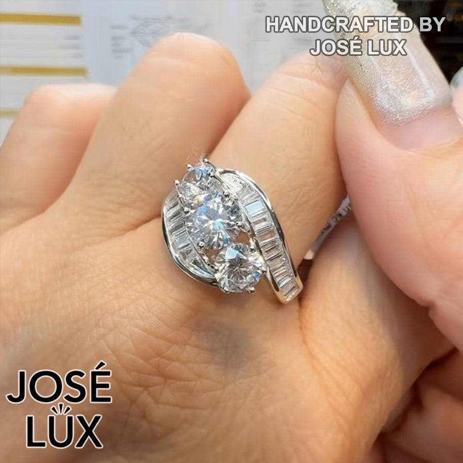 Handmade Bypass Swirl Three-Stone Moissanite Ring — 925 Sterling Silver, Rhodium Plated White Gold Finish, GRA Moissanite
