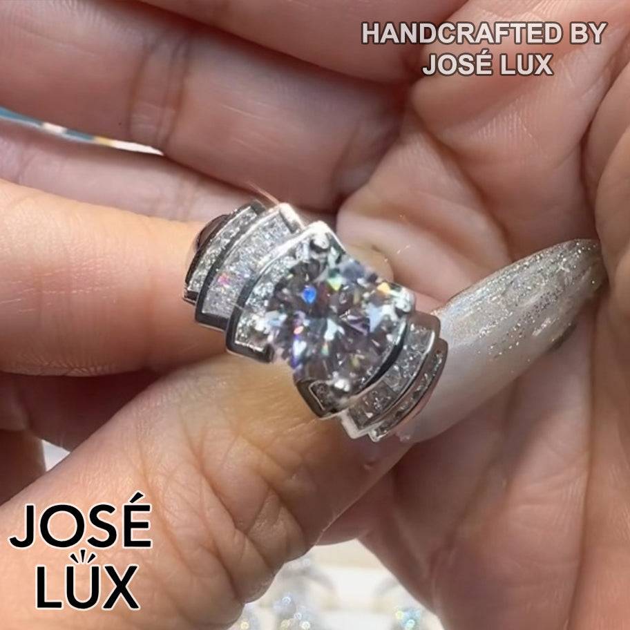 Handmade Art Deco Stepped Shoulder Moissanite Ring — 925 Sterling Silver, Rhodium Plated White Gold Finish, GRA Moissanite