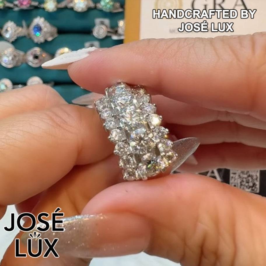 Handmade Scalloped Cluster Band Ring — 925 Sterling Silver, Rhodium Plated White Gold Finish, GRA Moissanite