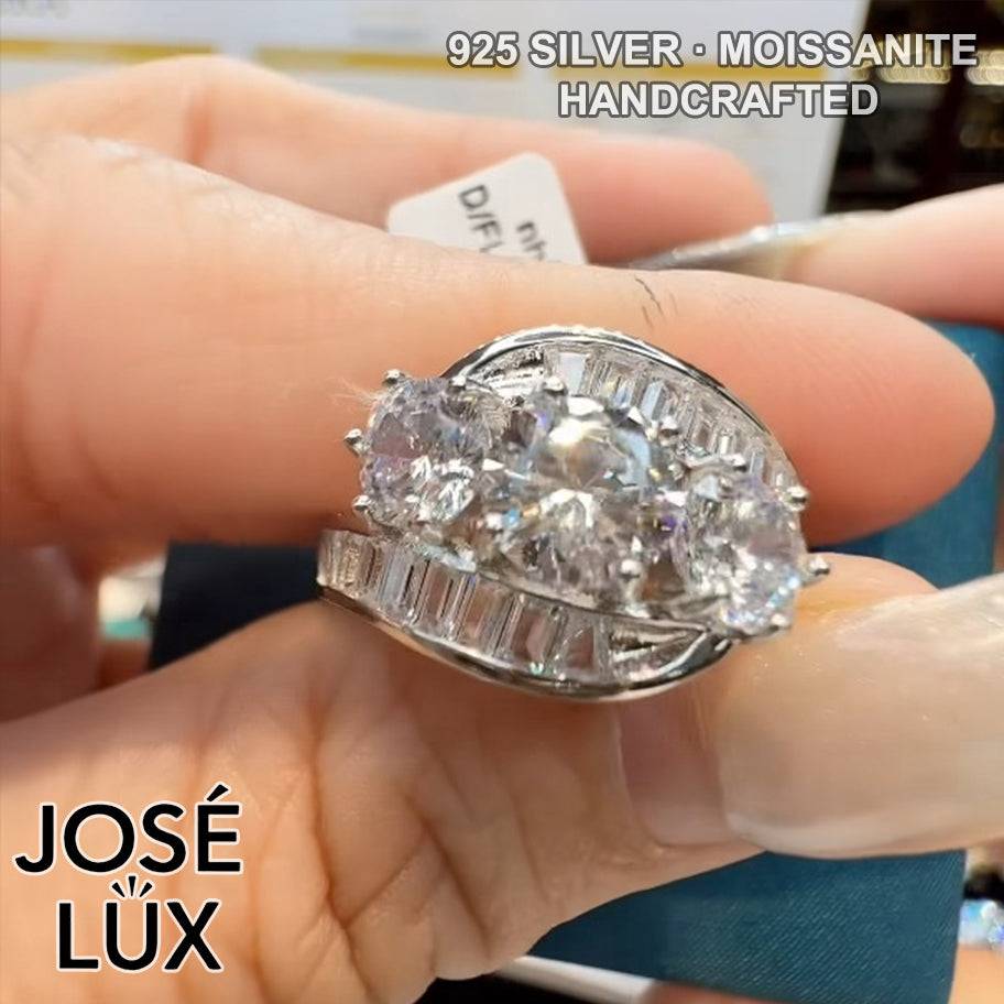 Handmade Bypass Swirl Three-Stone Moissanite Ring — 925 Sterling Silver, Rhodium Plated White Gold Finish, GRA Moissanite
