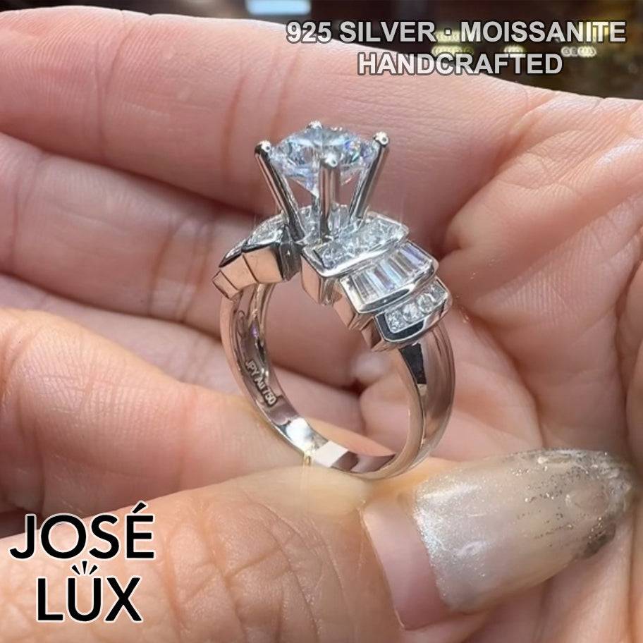 Handmade Art Deco Stepped Shoulder Moissanite Ring — 925 Sterling Silver, Rhodium Plated White Gold Finish, GRA Moissanite