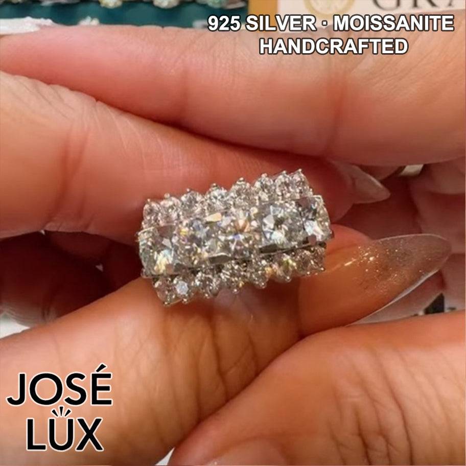 Handmade Scalloped Cluster Band Ring — 925 Sterling Silver, Rhodium Plated White Gold Finish, GRA Moissanite