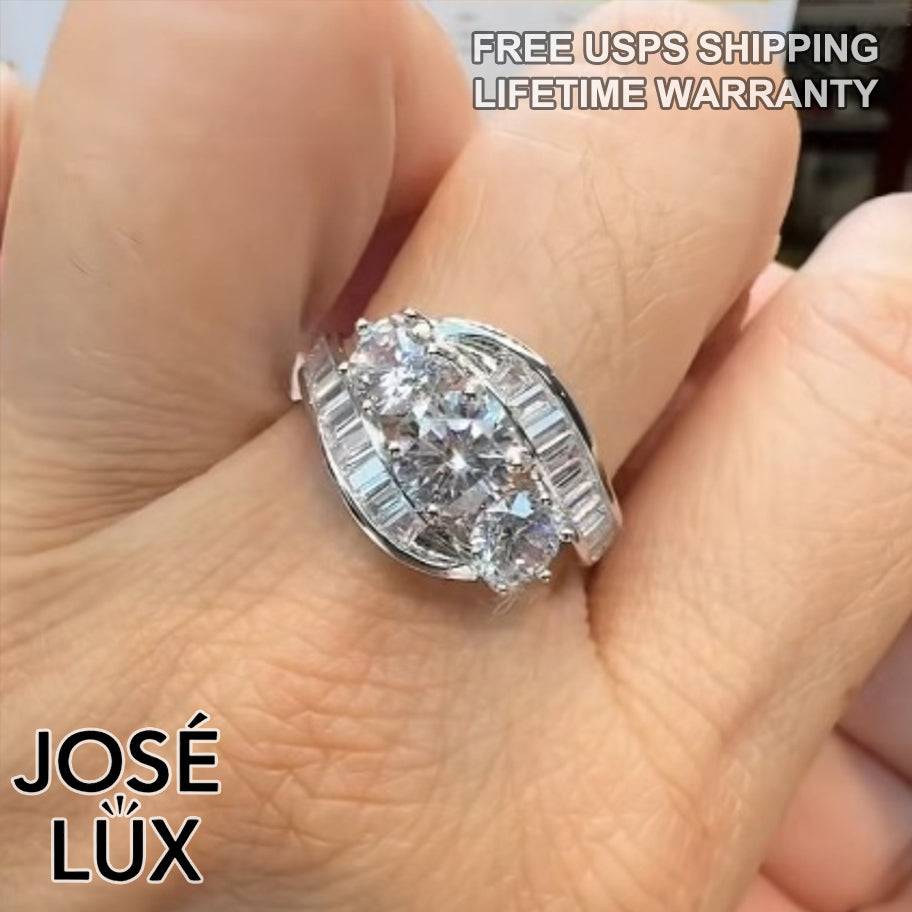 Handmade Bypass Swirl Three-Stone Moissanite Ring — 925 Sterling Silver, Rhodium Plated White Gold Finish, GRA Moissanite