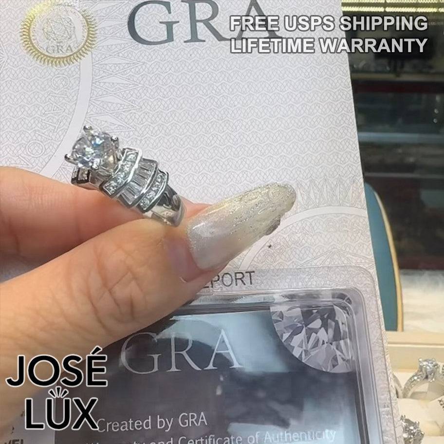Handmade Art Deco Stepped Shoulder Moissanite Ring — 925 Sterling Silver, Rhodium Plated White Gold Finish, GRA Moissanite