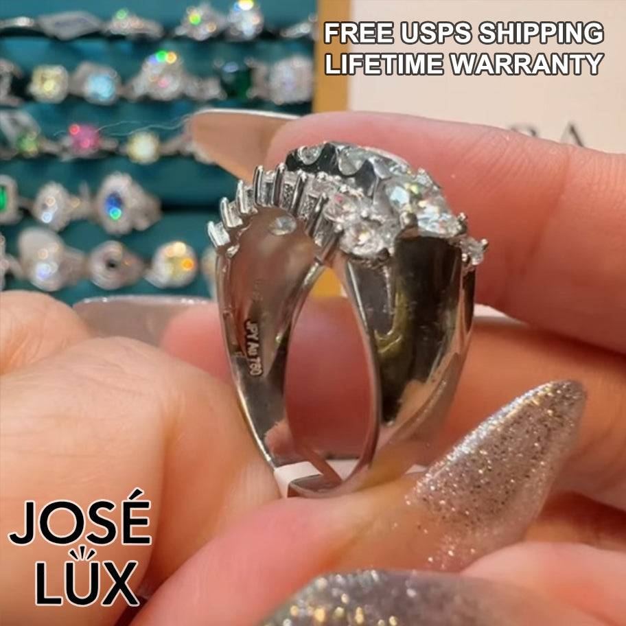 Handmade Scalloped Cluster Band Ring — 925 Sterling Silver, Rhodium Plated White Gold Finish, GRA Moissanite