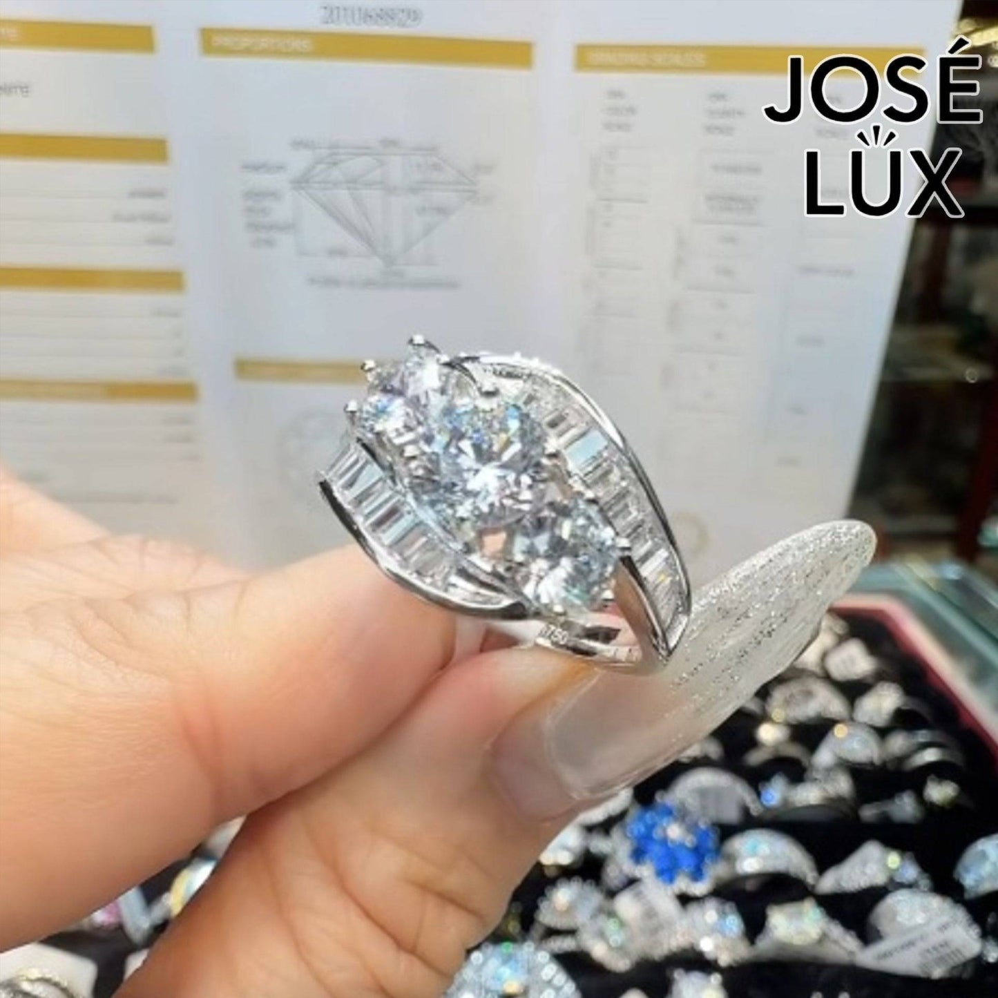 Handmade Bypass Swirl Three-Stone Moissanite Ring — 925 Sterling Silver, Rhodium Plated White Gold Finish, GRA Moissanite