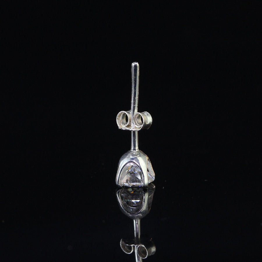 Side view of Round Moissanite Stud Earring for Men with 0.5ct stone in 4-prong sterling silver setting and screw-back post.