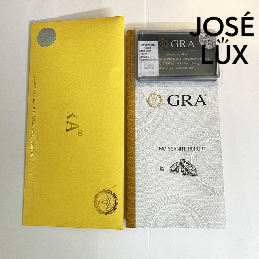 GRA certification and packaging for Round Moissanite Stud Earrings for Men, includes authenticity card and branded envelope.