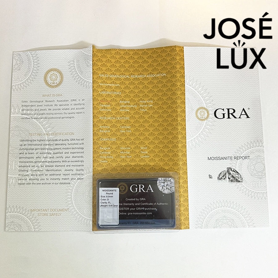 Open GRA moissanite report with certification card for Round Moissanite Stud Earrings for Men, verifying stone authenticity.