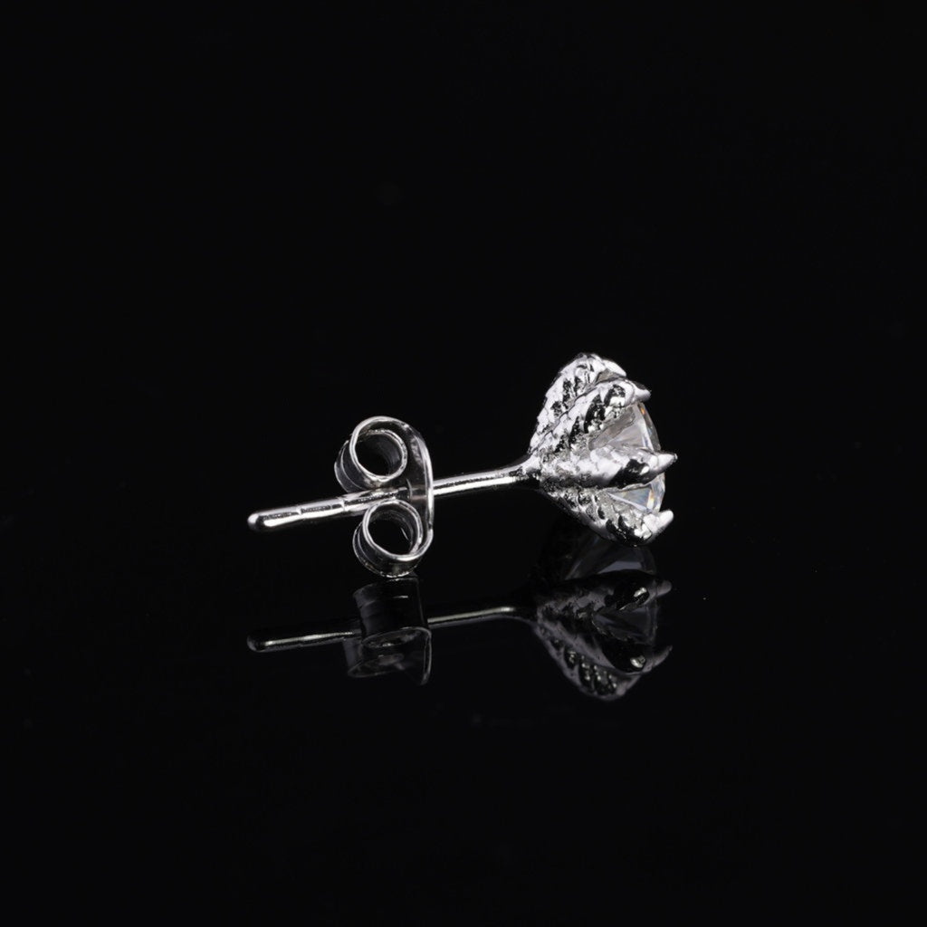 Side profile of men's sterling silver Moissanite stud earring with 0.8ct round stone and detailed 8-prong setting.