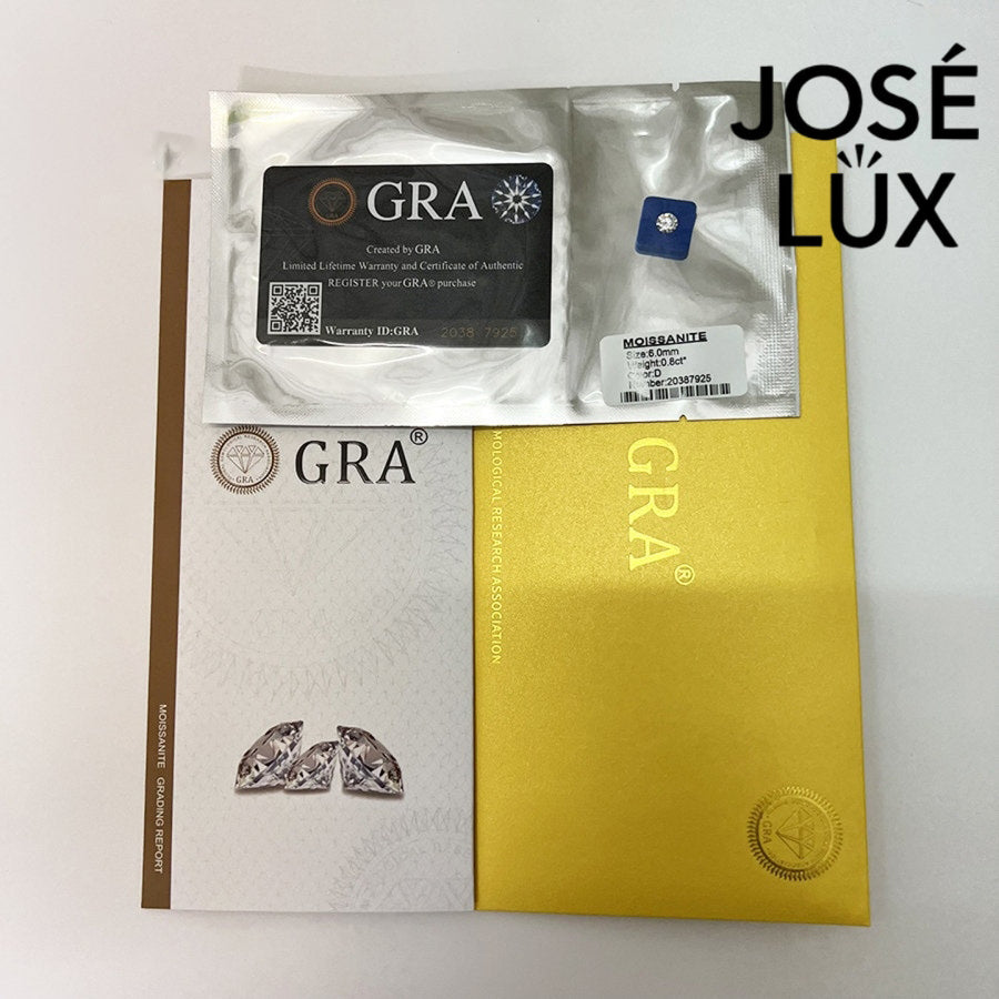 Full GRA certification kit for José LUX moissanite stud earrings, featuring sealed moissanite gem and authenticity documents.