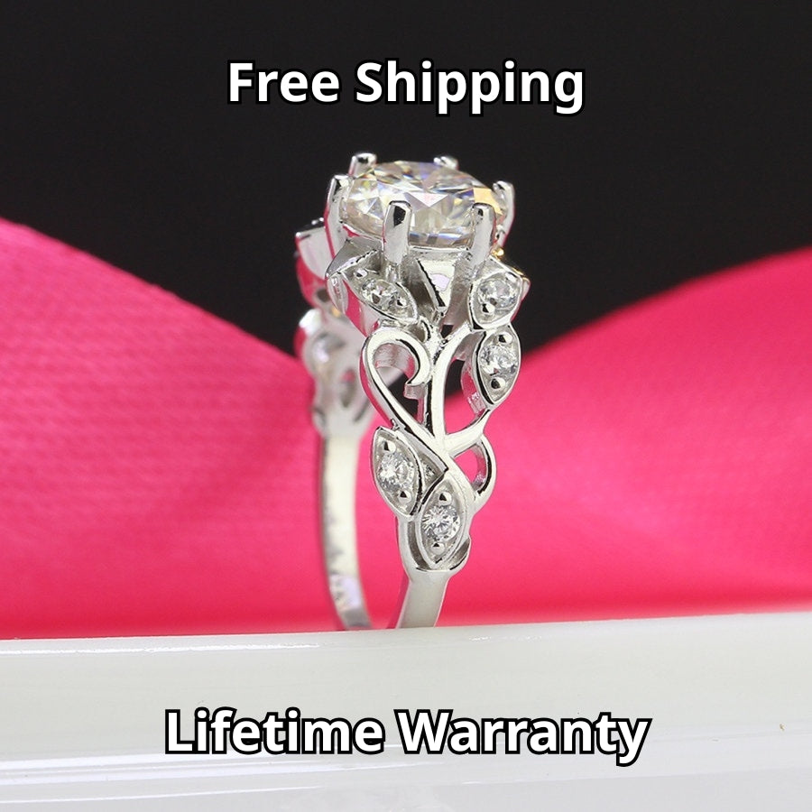 1.25ct Moissanite Leaf Design Women's Silver Ring