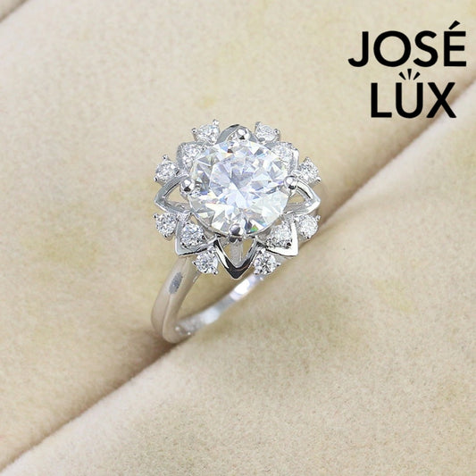 2ct Moissanite Flower Halo Women's Silver Ring