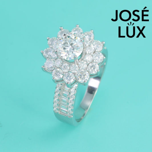 1.5ct Moissanite Flower Halo Baguette Women's Silver Ring