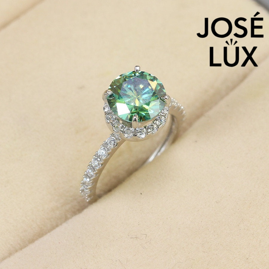 2ct Green Moissanite Halo Women's Silver Ring