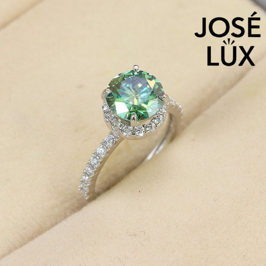 2ct Green Moissanite Halo Women's Silver Ring