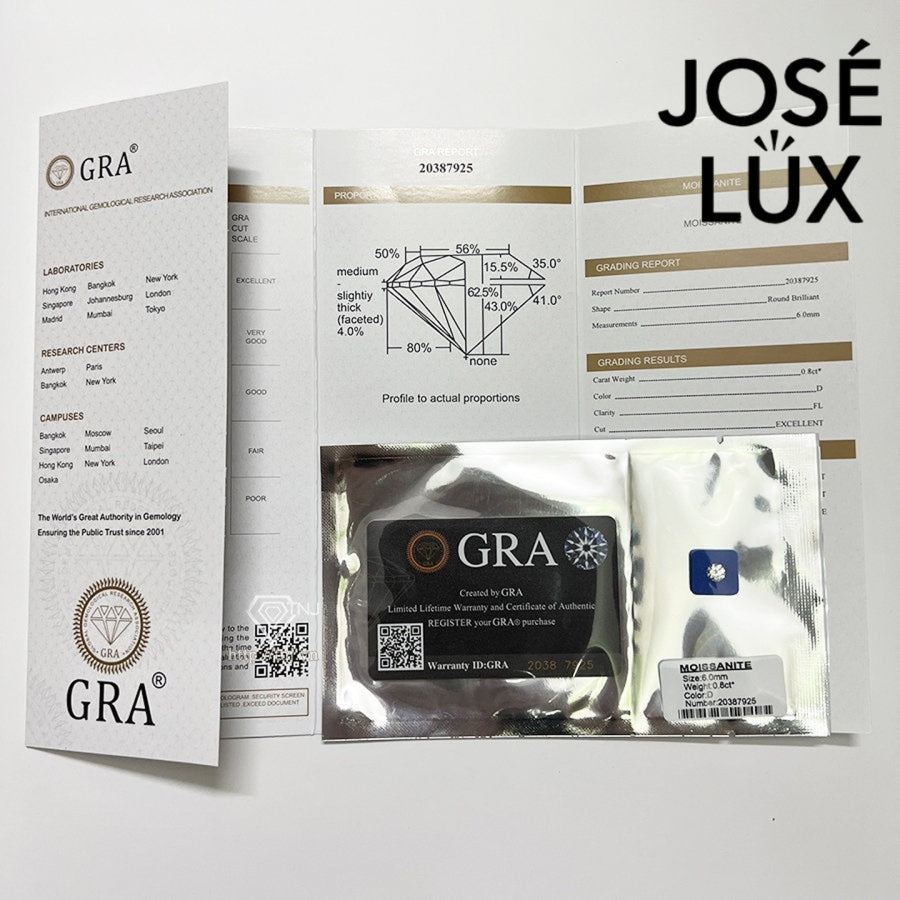 Close-up of GRA certification and grading report for 0.8ct moissanite stud earrings, confirming quality and authenticity.