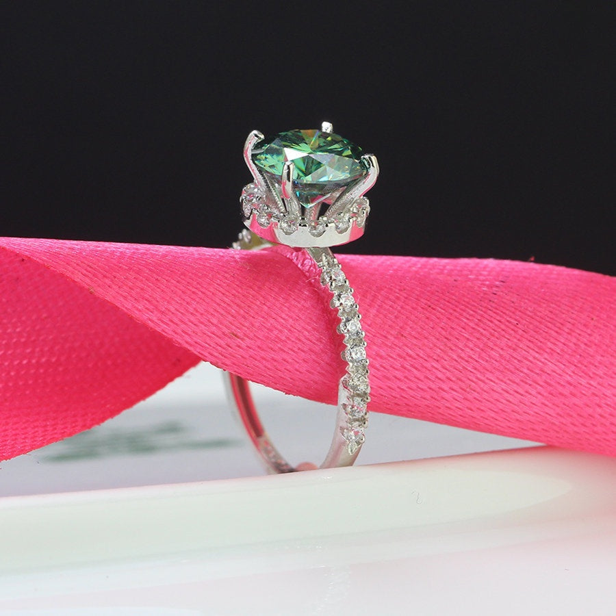 2ct Green Moissanite Halo Women's Silver Ring